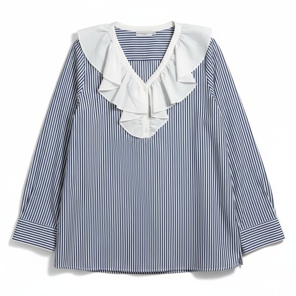 Harshman Tops - Harshman Vivienne Popover Tunic 2X Navy Stripe Cotton Ruffle Boho Coastal Preppy